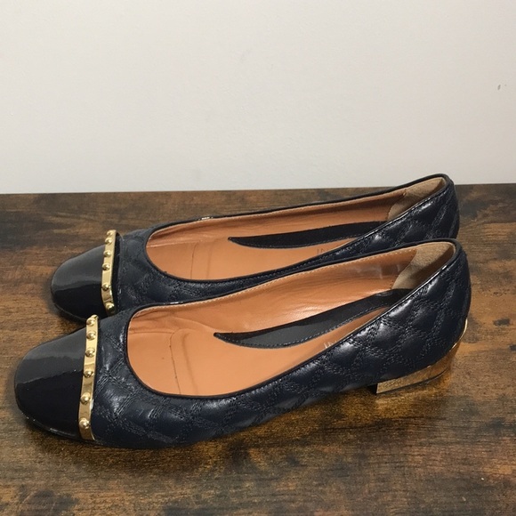 Vintage Napoleoni Navy Leather Quilted Gold Heels Ballet Flats Made in Italy - Picture 3 of 10